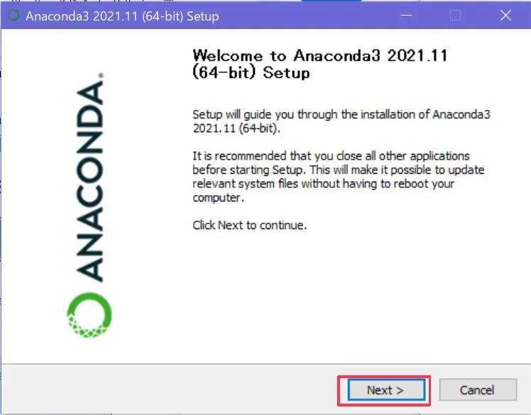 Anacondaのインストール画面です。