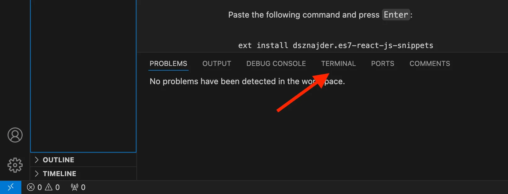 VSCodeのターミナルの場所を示す画像