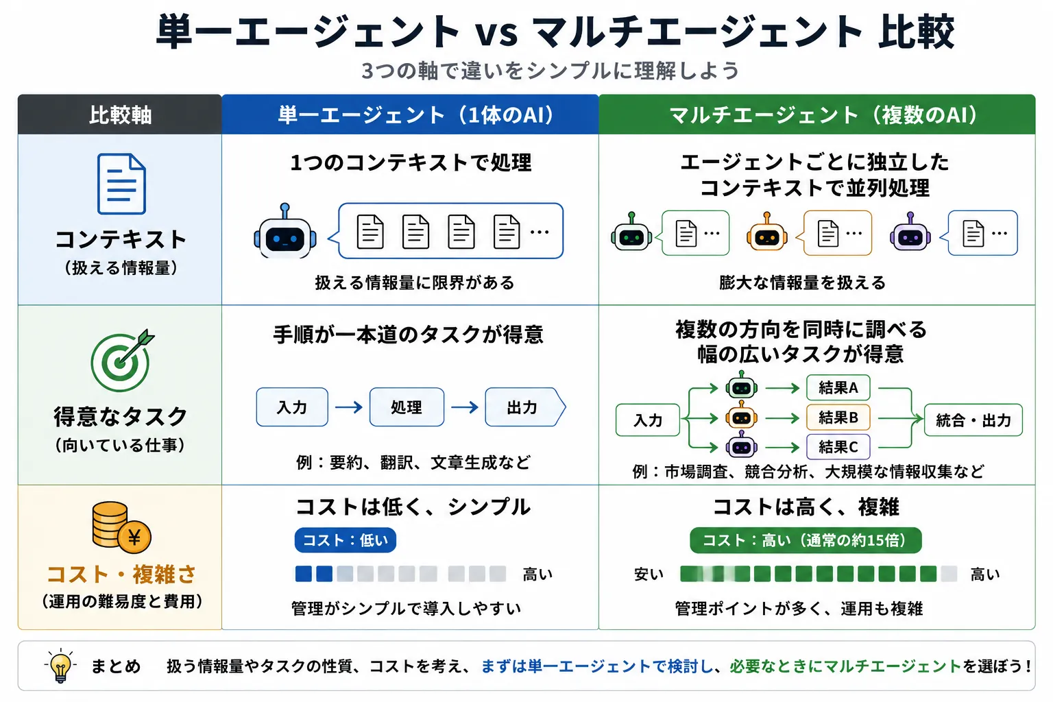 マルチエージェントと単一エージェントについての説明をした画像