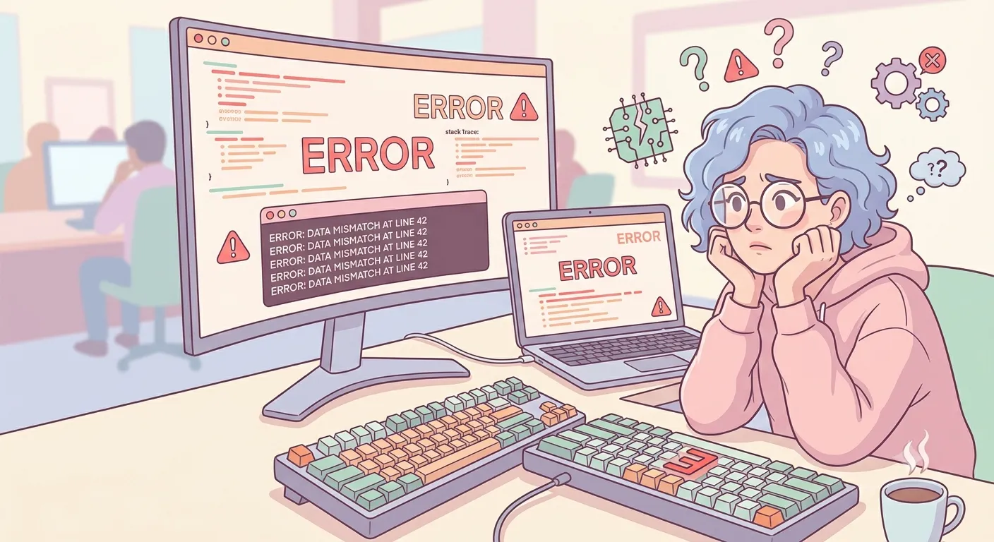 プログラミングでエラーが出て悩んでいる様子