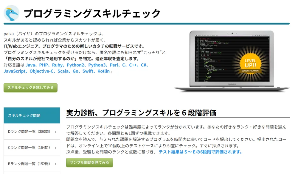 paizaのプログラミングスキルチェックの画像