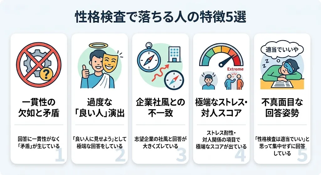 性格検査で落ちる人の特徴5選
一貫性の欠如と矛盾
過度な良い人演出
企業社風との不一致
極端なストレス・対人スコア
不真面目な回答姿勢