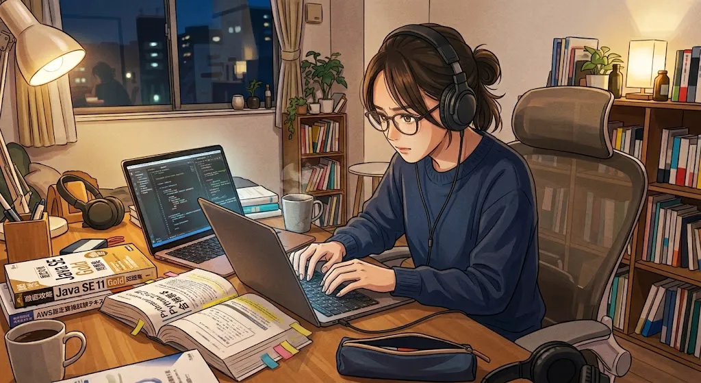 夜の室内で、デスクに向かい勉強に集中している眼鏡をかけた女性のイラスト。机にはプログラミング関連の書籍やノートが開かれ、コードが表示されたノートパソコン、コーヒーカップなどが並んでいる。