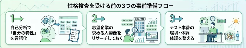 性格検査を受ける前の3つの事前準備フローの画像