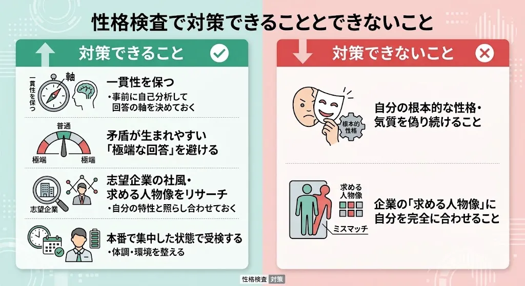 性格検査で対策できることとできないことの対比の画像